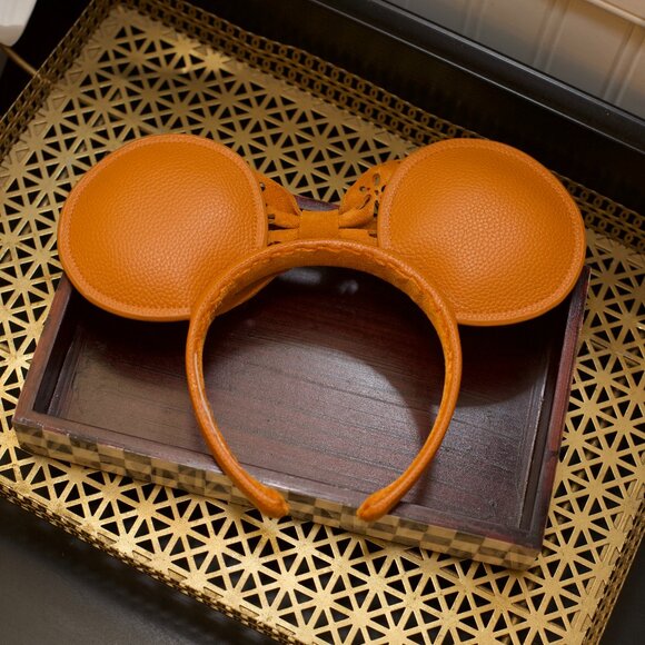 Disney Parks Mickey Minnie Ears – Cognac Faux Leather w Laser-Cut Suede Bow - Picture 2 of 4